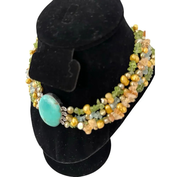Multi-Stone Beaded Necklace w/ Turquoise Center, Green, Gold & Citrine natural - Picture 2 of 7